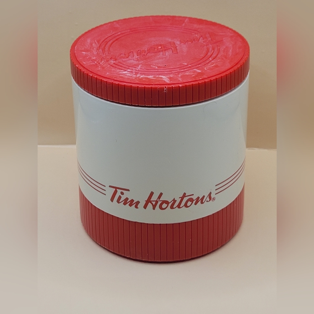 Vintage Tim Hortons Coffee Canister Red White Insulated 5” Made in Venezuela